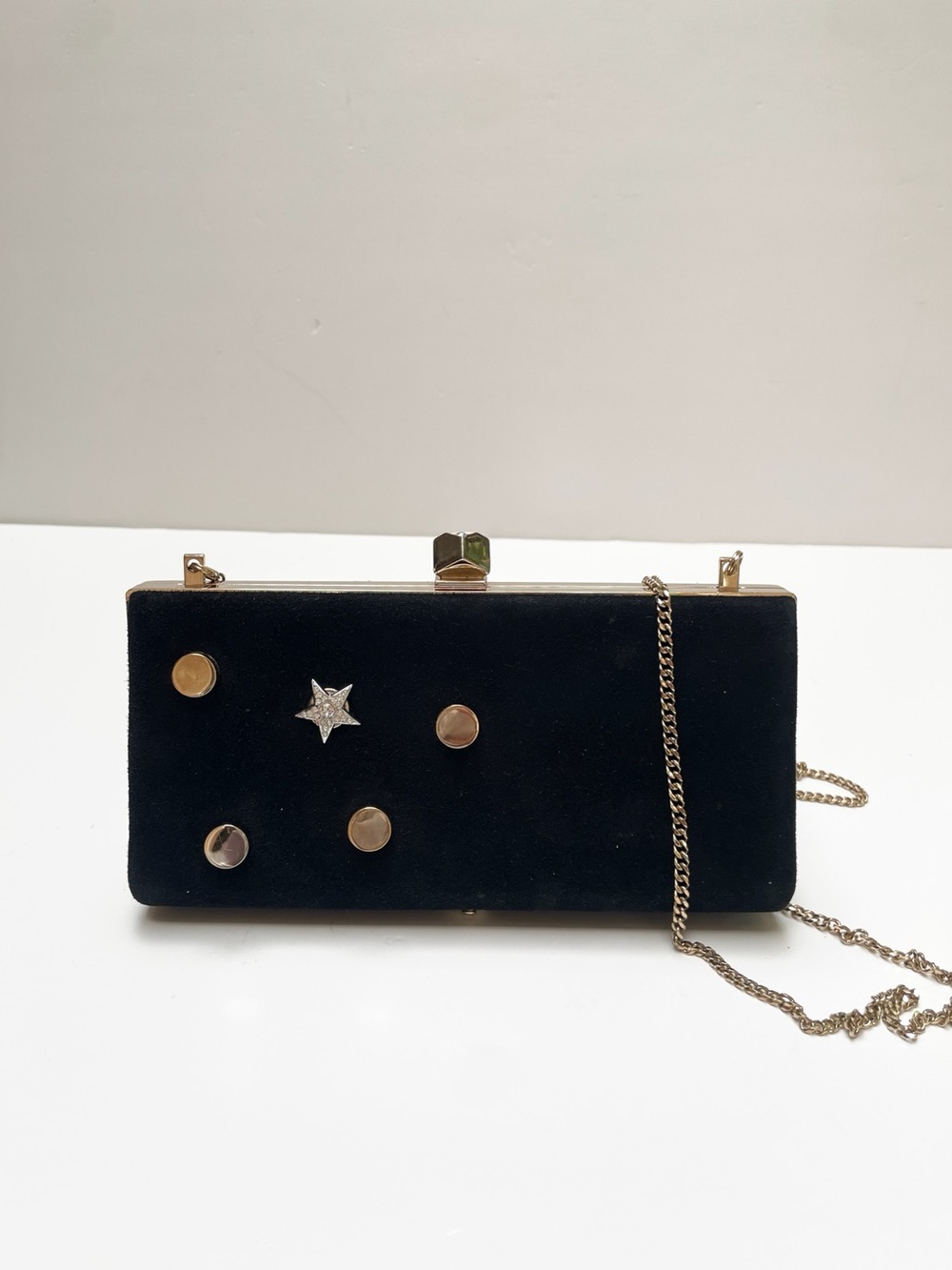 Jimmy Choo Celeste Black Suede Star-Stud Clutch with Gold Chain